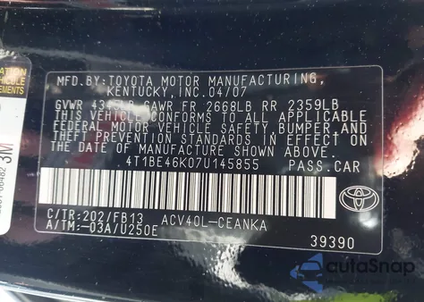 2007 Toyota Camry Le z USA, uszkodzony, nr VIN 4T1BE46K07U145855